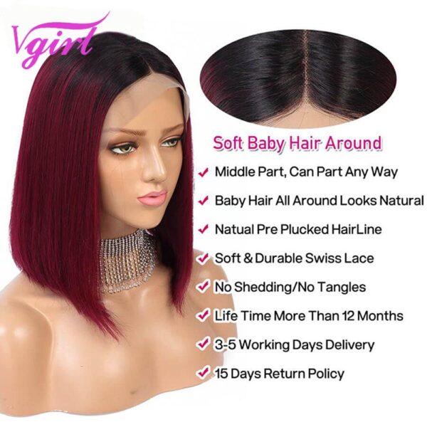T1B/99J Colored Straight Human Hair Wigs Short Bob 13X4 HD Lace Front Wigs With Baby Hair