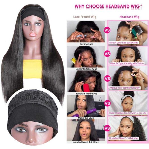 Headband Wig Human Hair Wigs for Black Women Brazilian Straight Scarf Wigs None Lace Wigs Natural Color