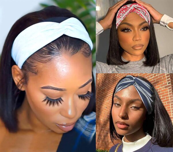 Headband Wig Short Bob Straight Human Hair Wigs Half Wigs with Headbands