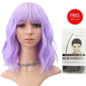 Wavy Wig With Bangs Short Bob Pink Wig for Women Shoulder Length Curly Wavy Synthetic Cosplay Wig