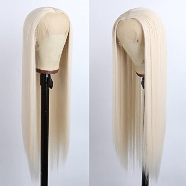 #60 Platinum Blonde Lace Front Wig 13 ×2.5 Long Straight Synthetic Glueless Heat Resistant Fiber Hair