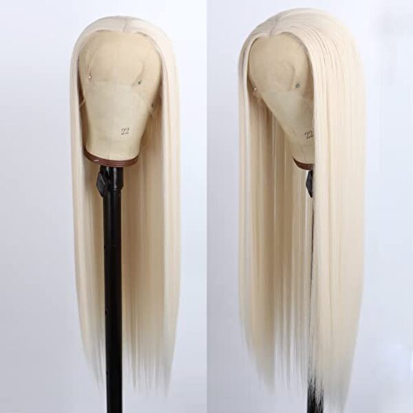 #60 Platinum Blonde Lace Front Wig 13 ×2.5 Long Straight Synthetic Glueless Heat Resistant Fiber Hair