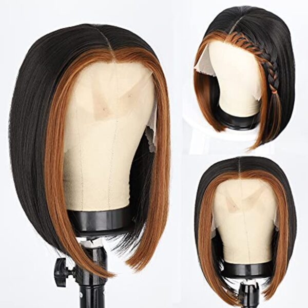 T Lace Front Wigs for Women Synthetic Highlights Bob Wigs Short Straight Middle Part Wig