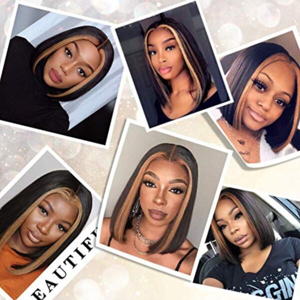 T Lace Front Wigs for Women Synthetic Highlights Bob Wigs Short Straight Middle Part Wig