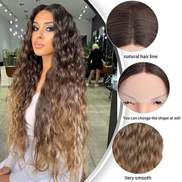 30”Synthetic T Part  Lace Front Wigs Ombre Brown Middle Part Synthetic Wig