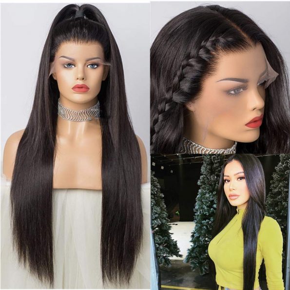 13×3 Lace Front Wigs with Baby Hair #1B Natural Black Color 22 Inches Silky Straight Synthetic Hair Middle Part Cosplay Wigs for Women-4