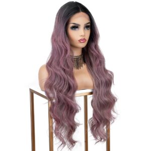 26inch Purple T Part Lace Front Wig Ombre Black Roots Long Wavy Synthetic Wig