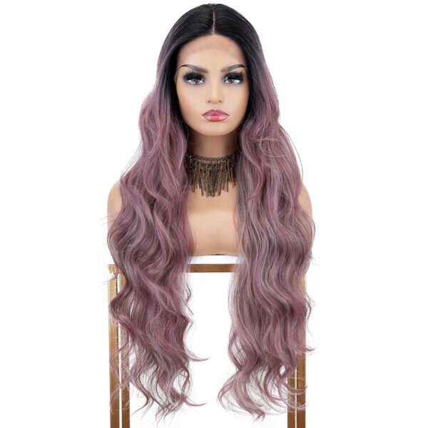 26inch Purple T Part Lace Front Wig Ombre Black Roots Long Wavy Synthetic Wig