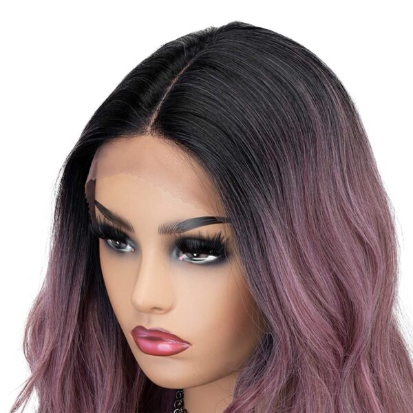 26inch Purple T Part Lace Front Wig Ombre Black Roots Long Wavy Synthetic Wig