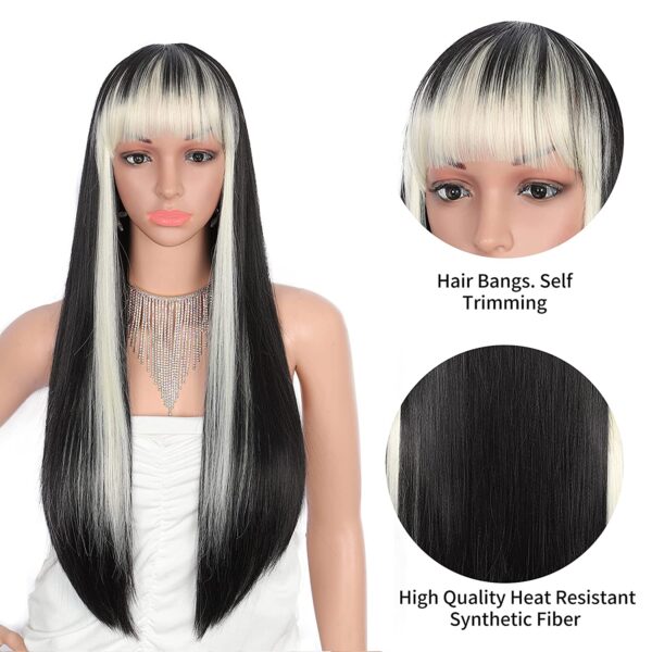 28 inches Women's Silky Long Straight Black with Blonde Strips Wig