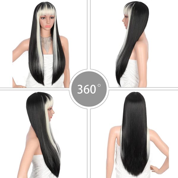 28 inches Women's Silky Long Straight Black with Blonde Strips Wig