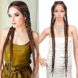 Soft Lace 35”Extra Long 100% Hand Braided 360 Swiss Lace Front Brown Double Dutch Braided Wigs