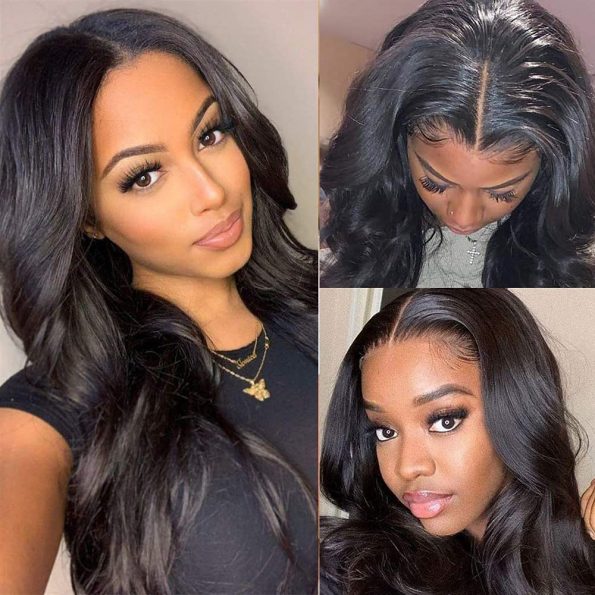 Black Lace Front Wig Synthetic Body Wave Lace Wigs for Black Women Long Wavy Wigs T Part 13x4x1 Lace Frontal Wigs Heat Resistant Fiber Hair Loose Curly Wigs Middle Part Glueless Wigs 150 Density-0