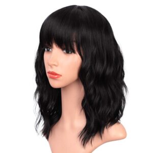 Black Wigs with Bangs for Women 14 Inches Synthetic Curly Bob Wig