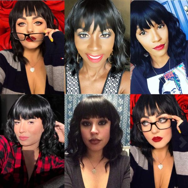 Black Wigs with Bangs for Women 14 Inches Synthetic Curly Bob Wig