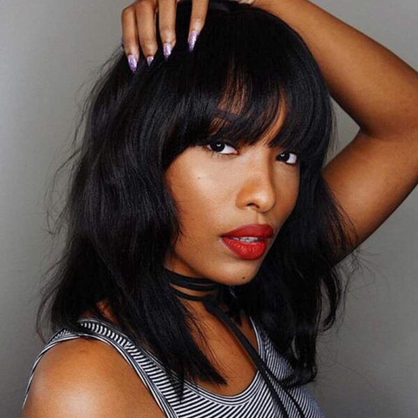 Bob Curly Wig Synthetic Short Black Wig with Bangs