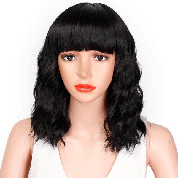 Bob Curly Wig Synthetic Short Black Wig with Bangs