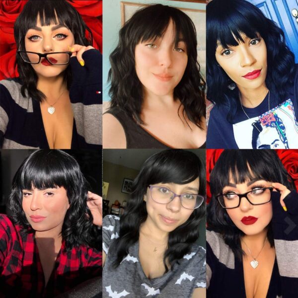 Bob Curly Wig Synthetic Short Black Wig with Bangs
