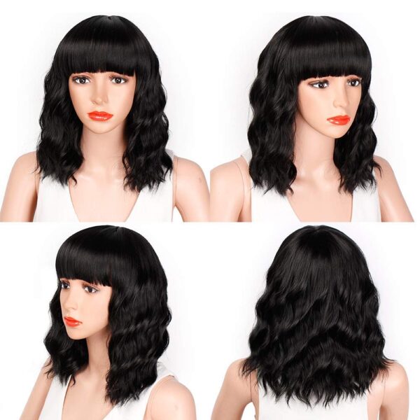 Bob Curly Wig Synthetic Short Black Wig with Bangs