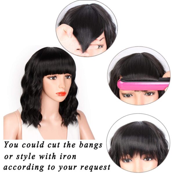 Bob Curly Wig Synthetic Short Black Wig with Bangs