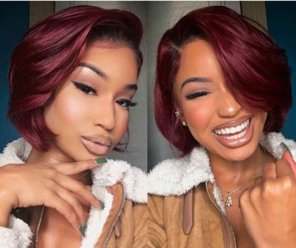Short Bob Glueless 13x4x1 inch Lace Front Wig Synthetic Wine Red Ombre Black Roots Wigs with Baby Hair