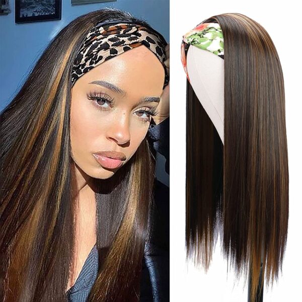 Long Straight Headband Wigs for Black Women 24 Inch Synthetic Headband Wig