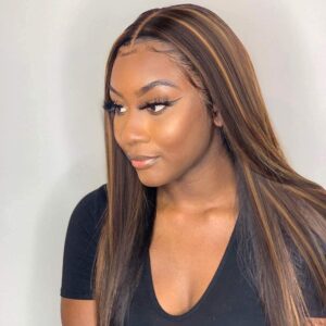 Long Straight Highlights Wig 28 Inches Synthetic Brown Mixed Blonde Color Highlights Wigs for Women