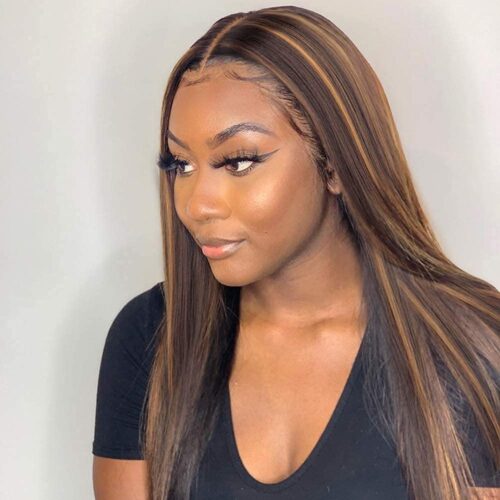 Long Straight Highlights Wig 28 Inches Synthetic Brown Mixed Blonde Color Highlights Wigs for Women