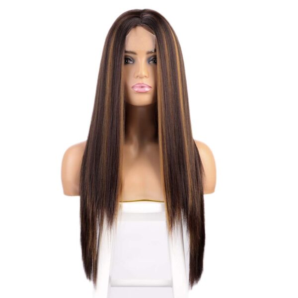 Long Straight Highlights Wig 28 Inches Synthetic Brown Mixed Blonde Color Highlights Wigs for Women