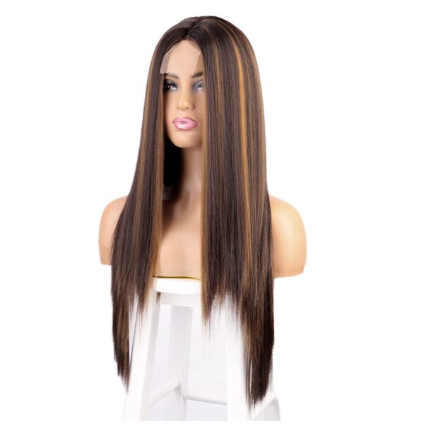 Long Straight Highlights Wig 28 Inches Synthetic Brown Mixed Blonde Color Highlights Wigs for Women
