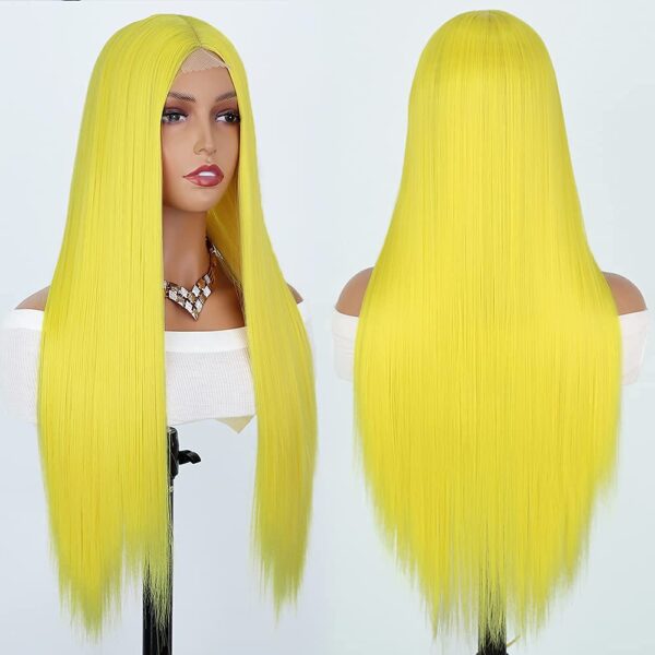 Long Straight Yellow Wig for Women Synthetic Fiber Hair Middle Part Yellow Wig