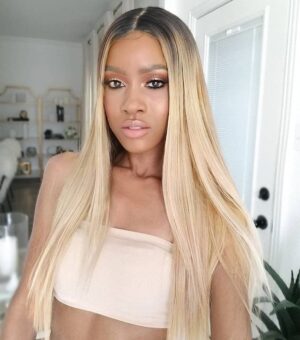 Mixed Blonde Long Synthetic Two Tone Dark Roots Blonde Straight Wig for Women
