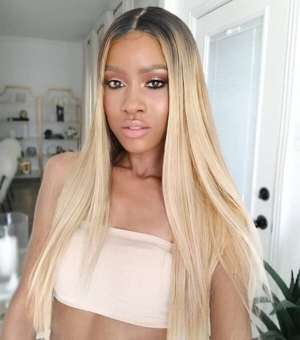Mixed Blonde Long Synthetic Two Tone Dark Roots Blonde Straight Wig for Women