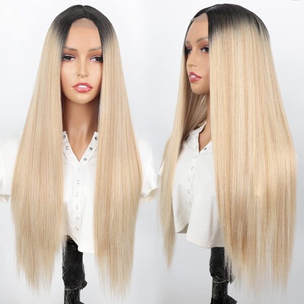 Mixed Blonde Long Synthetic Two Tone Dark Roots Blonde Straight Wig for Women