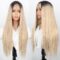 Mixed Blonde Long Synthetic Two Tone Dark Roots Blonde Straight Wig for Women