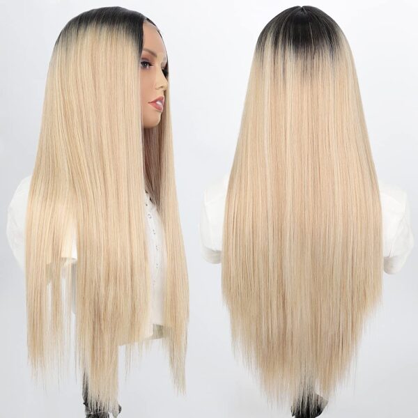Mixed Blonde Long Synthetic Two Tone Dark Roots Blonde Straight Wig for Women