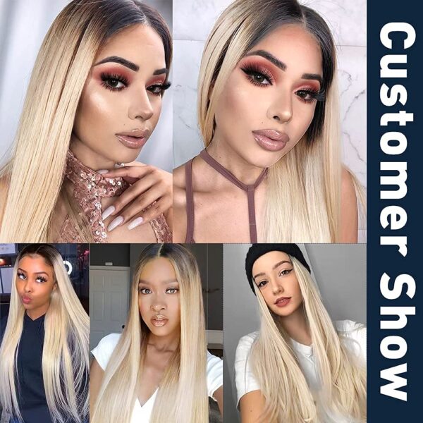 Mixed Blonde Long Synthetic Two Tone Dark Roots Blonde Straight Wig for Women
