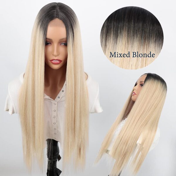 Mixed Blonde Long Synthetic Two Tone Dark Roots Blonde Straight Wig for Women