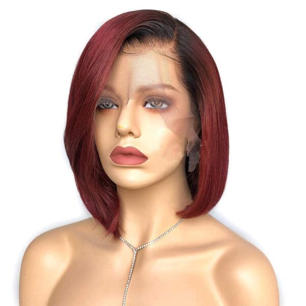 Short Bob Glueless 13x4x1 inch Lace Front Wig Synthetic Wine Red Ombre Black Roots Wigs with Baby Hair