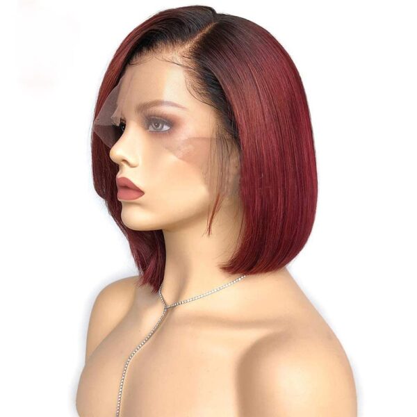 Short Bob Glueless 13x4x1 inch Lace Front Wig Synthetic Wine Red Ombre Black Roots Wigs with Baby Hair
