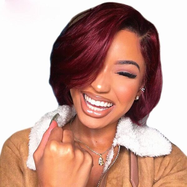 Short Bob Glueless 13x4x1 inch Lace Front Wig Synthetic Wine Red Ombre Black Roots Wigs with Baby Hair