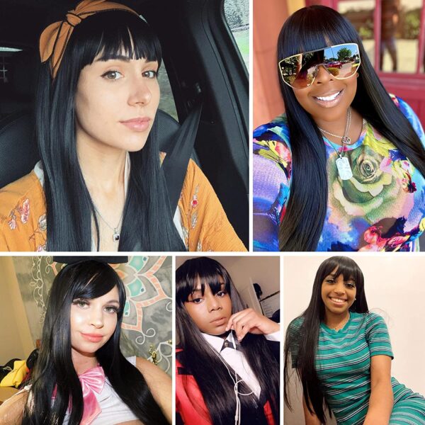 28 inches Women's Silky Long Straight Black with Blonde Strips Wig