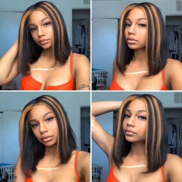 Highlight Short Bob Straight Hair Wigs Mixed Color 13×4 Lace Front Human Hair Wigs
