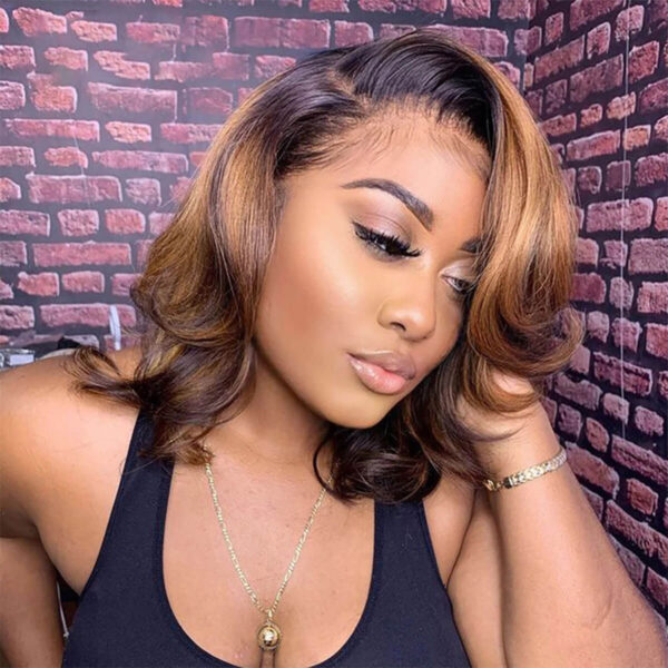 Glueless Honey Blonde Short Hair Lace Wigs 4/27 Body Wave Hair Wigs 180% Density