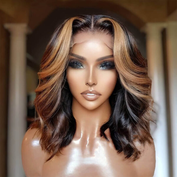 Glueless Honey Blonde Short Hair Lace Wigs 4/27 Body Wave Hair Wigs 180% Density