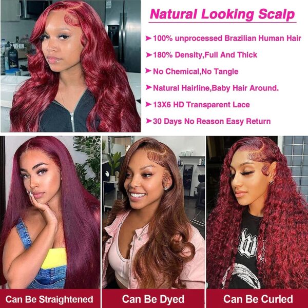 99j Red Burgundy Body Wave 4x4 13x4 13x6 HD Lace Front Wigs Human Hair 180% Density